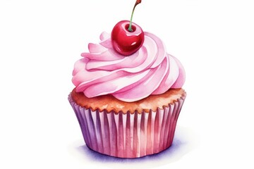 Watercolor cupcake with cherry-almond frosting and maraschino cherry decoration. AI generated - obrazy, fototapety, plakaty