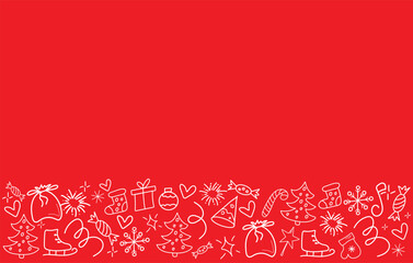 Christmas, new year red horizontal background with different doodle elements. Hand drawn style. Candies, balloons, hearts, party hats, fireworks. Line art.
