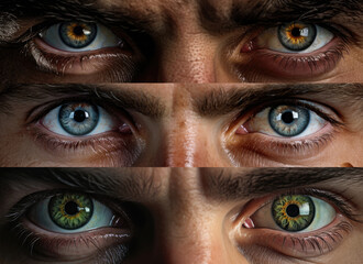 Brown, Blue, Green, Hazel, Gray, Amber - Collection. close-up macro photography. Human eye. Man, male, masculine, he. Cornea, Iris, Pupil, Lens, Retina