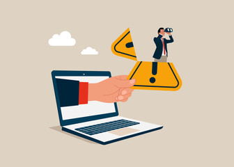 Big hand with laptop holds entrepreneur open exclamation attention sign a using binoculars to see solving problem. Flat vector illustration