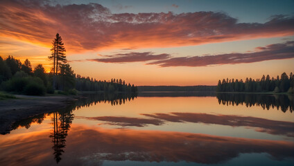 Fototapeta na wymiar A serene lake reflecting the colors of a sunset sky.