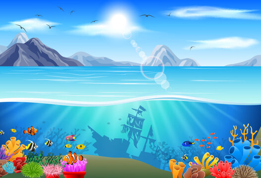 Underwater landscape with coral reef, fish and shipwreck vector illustration