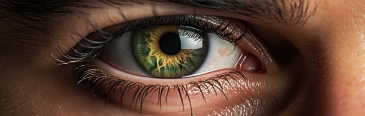 Naklejka premium Vibrant hazel green. close-up macro photography. Human eye. Man, male, masculine, he. Cornea, Iris, Pupil, Lens, Retina