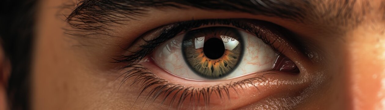 Hazel and green shades. close-up macro photography. Human eye. Man, male, masculine, he. Cornea, Iris, Pupil, Lens, Retina