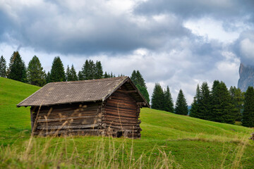 Wooden house on green grass meadow in front of dolomites mountains, Seiser Alm, Italy
