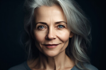 Naklejka premium Happy beautiful elderly senior model with grey hair, closeup portrait of beauty mature old woman, face skin with wrinkles, black background