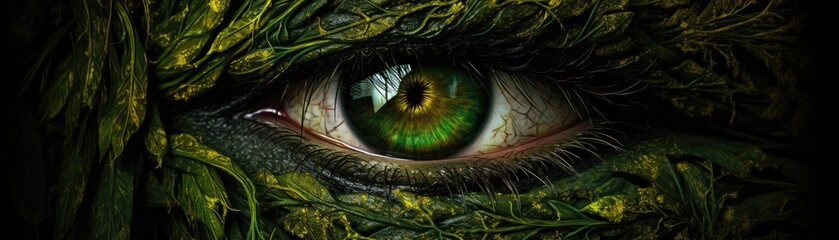 Naklejka premium Eye of nature. Green eyes. Nature concept. Moss, ivy, grass, tree, tree trunk, vines. Folkloric mythology creature. 