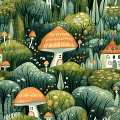 Mystical mushroom town seamless pattern background