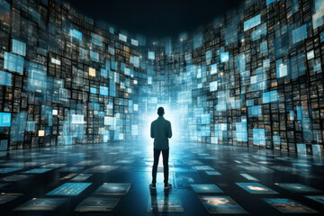 Person surrounded by flow of digital data, trying to find their way through a multitude of information streams, Digital contents concept, Information fatigue