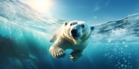 Fotobehang Swimming Wonders: A Polar Bear's Graceful Prowess in Icy Water background ai generated © Samra