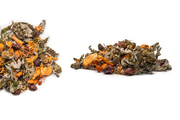 Dry tea leaves and dry fruit isolated on white background.