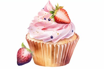 Watercolor cupcake with strawberry-champagne frosting and edible gold flakes on white. AI generated