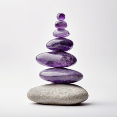 Stack of purple amethyst stones with white background by Generative AI