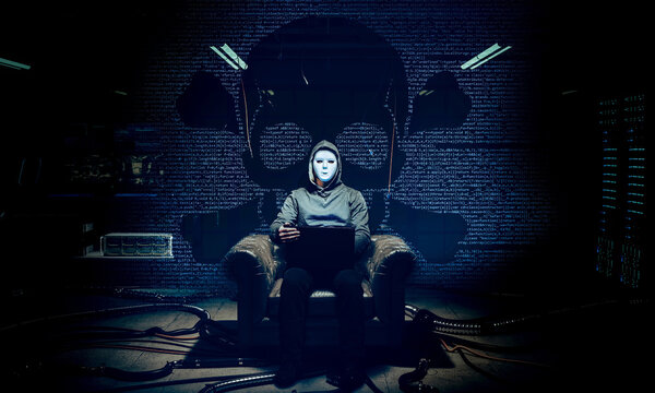 hacker with white mask and background with code and skull