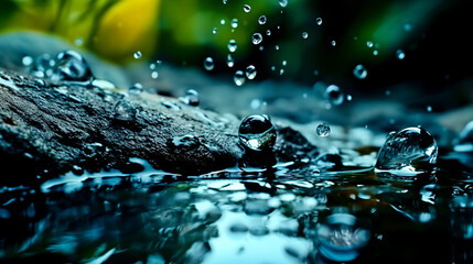 Abstract background with splashes, splashes and bubbles on the water surface with blue sky reflection.