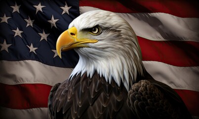 Photo of a majestic bald eagle standing proudly in front of the American flag