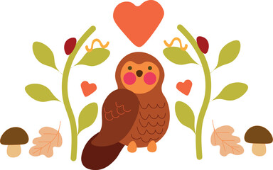owl surrounded by leaves, beetles and hearts
