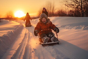 Kids sled down a hill as the sun sets in the background - obrazy, fototapety, plakaty