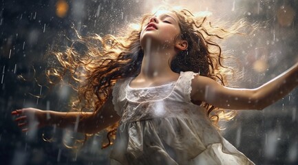 A little brown-haired girl closed her eyes and raised her head in the rain, enjoying the falling raindrops, waving and dancing. - obrazy, fototapety, plakaty