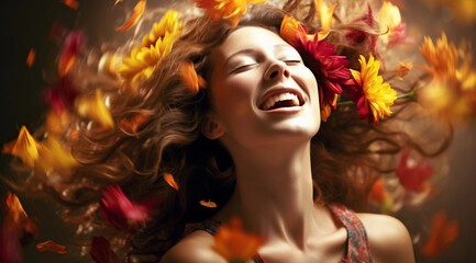 Obraz na płótnie Canvas A brown-haired woman in a tank top looks back with closed eyes and laughs, against a background of falling flower petals.