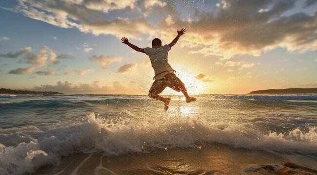 A boy jumped happily against the waves at the beach, as the sun set at dusk.