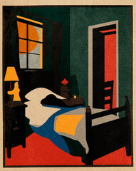 An illustration of a bedroom with a bed and a night stand on a flat color black background, doors of perception, silk screen style, 1950s, vivid color scheme.