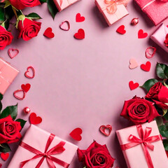 Valentine's Day background with red roses, gift boxes and hearts on pink background