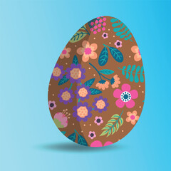 Easter egg icon with shadow. Floral pattern. Vector on blue background