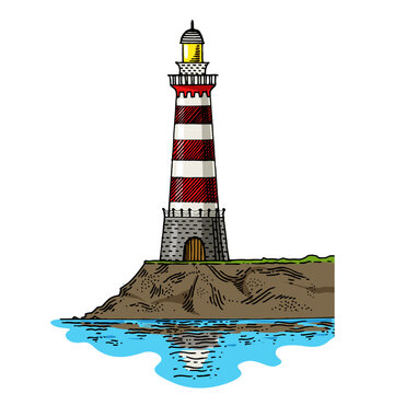 Lighthouse engraving sketch style hand drawn color vector illustration. Scratch board style imitation. Hand drawn image.