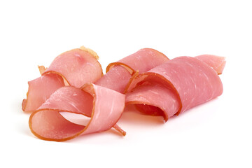 Hot Smoked pork fillet slices, isolated on white background.