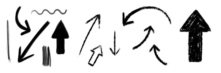 Set of Hand Drawn Arrows. Infantile Style Black Pencil-Like Pointer. No Background. Doodle Style Sloppy Arrows. Set of Pointer of Irregular Shape.