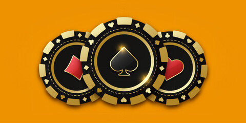 Gambling coin with suit spades. Trio of playing chips or token. Realistic playing chip coin with the suit of spades in the center, gambling tokens. Banner for web app or site. Concept poker or casino