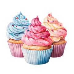 Watercolor delicious cupcakes. Food illustration of sweet pastry, colorful dessert for print, menu, stickers, package, web design.