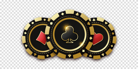 Trio of playing chips or token. Gambling coin with suit clubs. Realistic playing chip with the suit of clubs in the center, gambling tokens. Banner for web app or site. Concept poker or casino.