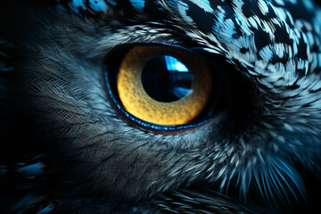 closeup owl’s eye, illuminated by distant blue lights - obrazy, fototapety, plakaty