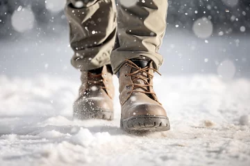 Fotobehang winter boots leaving fresh footprints in the snow © AstralAngel