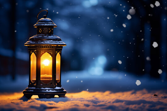 lantern glowing softly amidst twilight snow, against a dark navy background