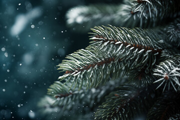 Fototapeta na wymiar pine needles dusted with light snow, against a deep evergreen background