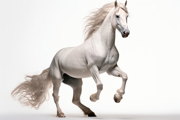 Obraz na płótnie Canvas White horse isolated on white background rearing. Animal right side portrait.