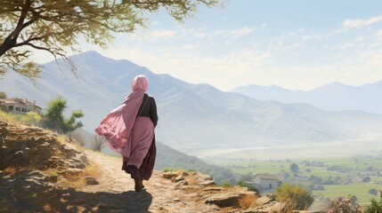 Illustration of a woman with her back turned walking towards the mountains.
