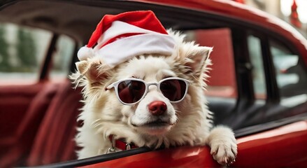 Whimsical white dog in Santa hat and sunglasses gazes out of car window. Festive and playful pet. #HolidayDog #SantaHat #PlayfulPup #FestivePet