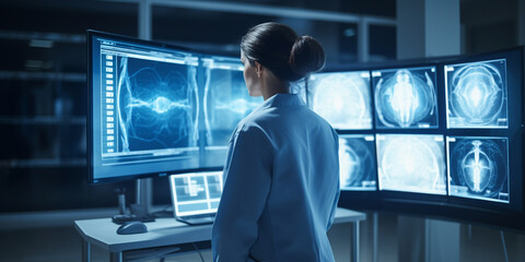 A doctor works in a hospital of the future with high-tech medical equipment, A Doctor Reviewing the Results of a PET Scan