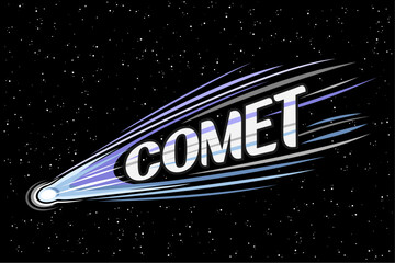 Vector illustration of Comet, horizontal astronomical poster with shooting purple ice comet, line art cosmo print with futuristic meteor in deep space and white text comet on black starry background © mihmihmal