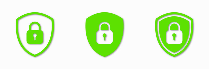 Shield green padlock lock icon set. Vector clipart illustration on white background. For web site or mobile app