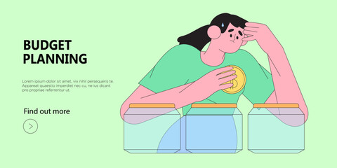 Woman think how to plan her personal or family budget or manage money savings. Character decide how to spend money. Trendy illustration for web banner, mobile app, advertisement or article.