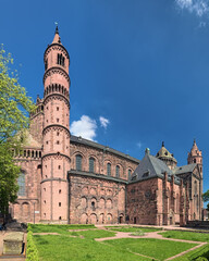 Worms Cathedral, Germany. The cathedral was built from about 1130 to 1181. This is one of the three Rhenish imperial cathedrals besides the Mainz Cathedral and Speyer Cathedral. - 668285977