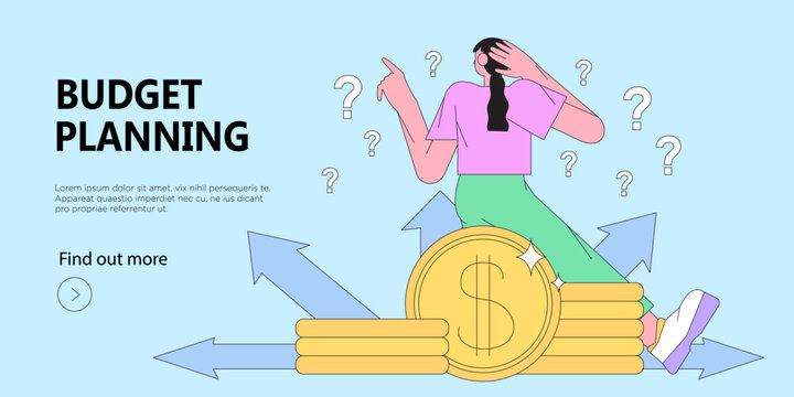 Woman think how to plan her personal or family budget or manage money savings. Character decide how to spend money. Trendy illustration for web banner, mobile app, advertisement or article.