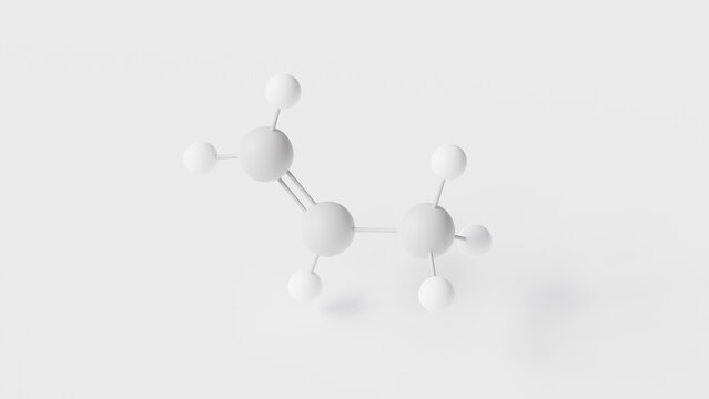 propylene molecule 3d, molecular structure, ball and stick model, structural chemical formula propene