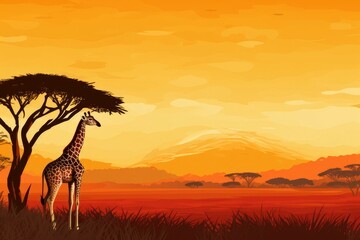 Sprawling Giraffe african savanna tree. Nature park. Generate Ai