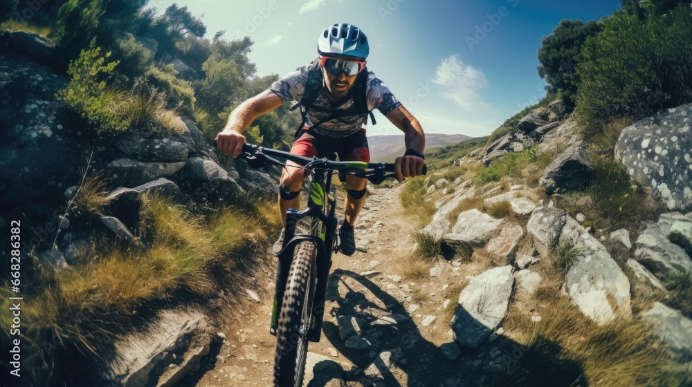 Poster A man riding a mountain bike on a rocky trail, AI